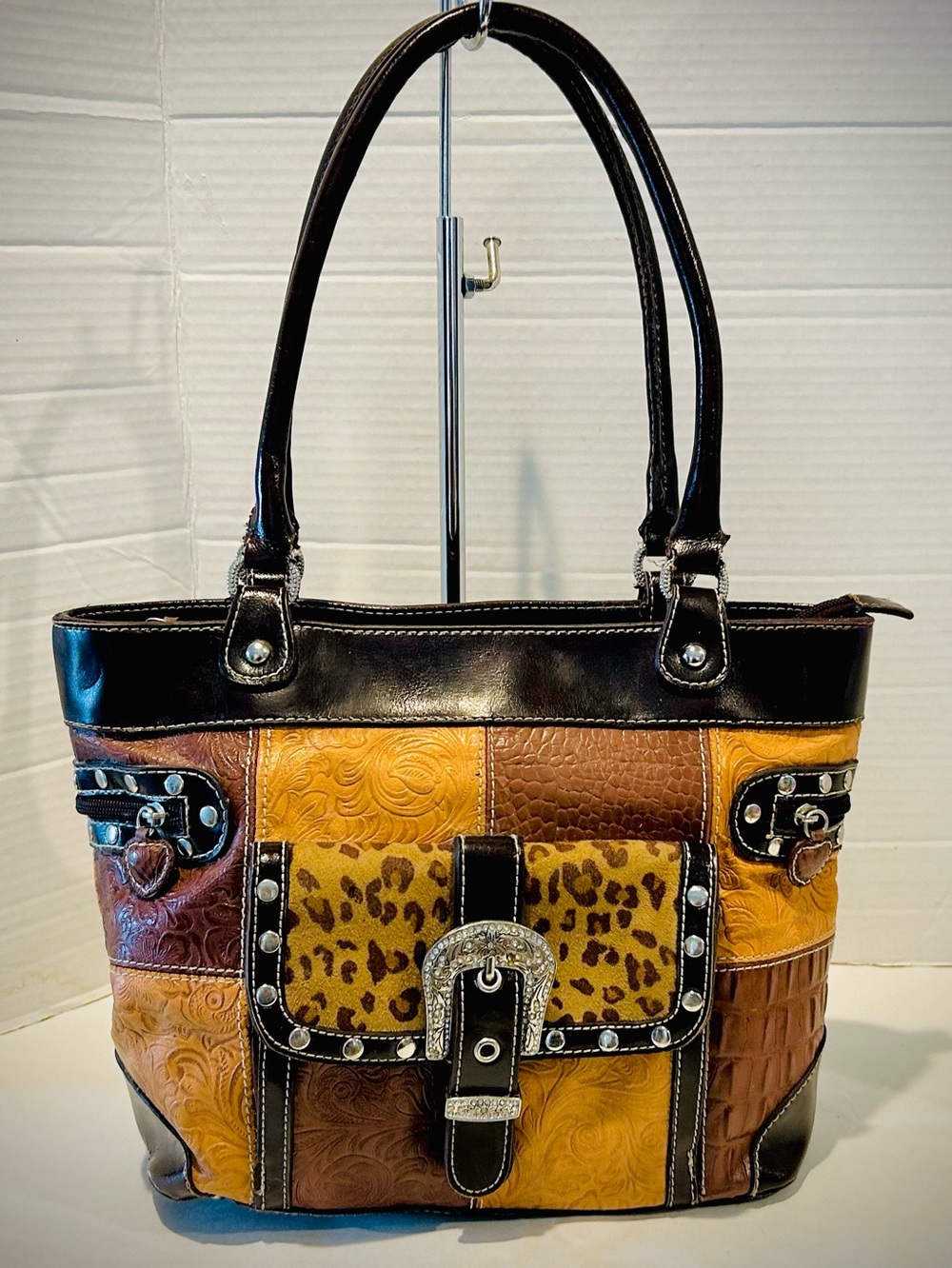 Western Multi-Pattern Shoulder Bag with Western Buckle